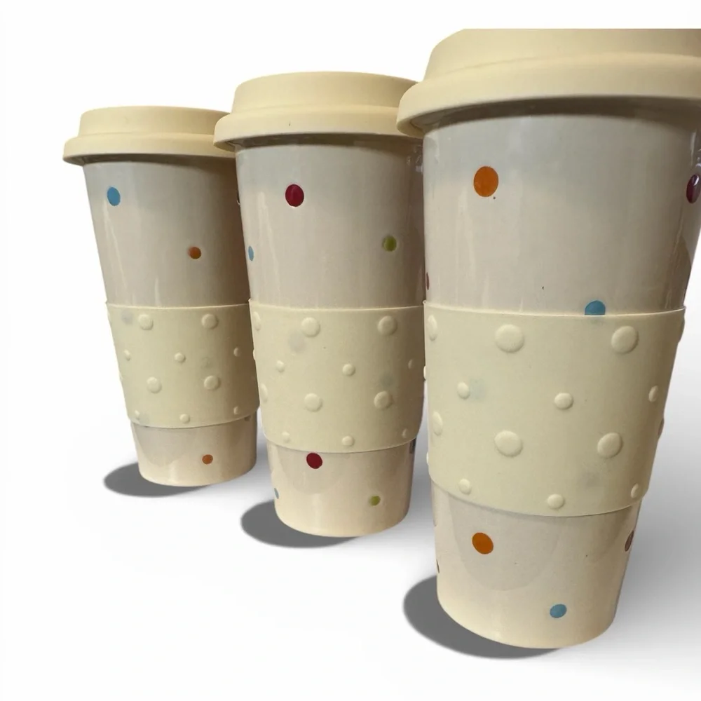 Temp-Tations Cream Polka Dot 12oz Mug Bundle 4 Cups With Lids